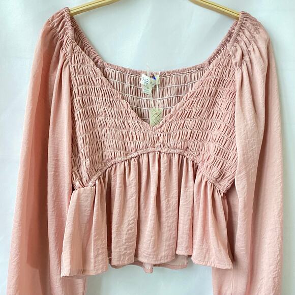 She + Sky Babydoll Smocked Blouse Top Women S Pink Poet Sleeve Romantic Coquette - Picture 3 of 8